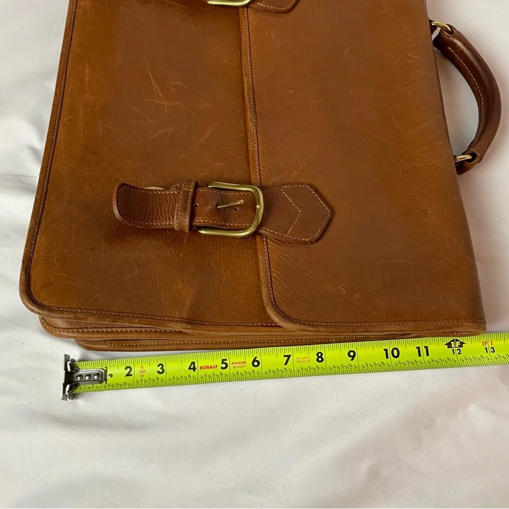 Aston Leather Triple Compartment Briefcase Tan Removable Strap Expanding EUC
